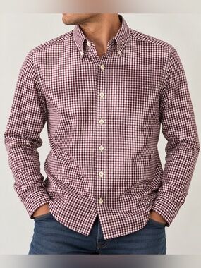 Orvis Men's Medium Brown and White Gingham Button-Down Long Sleeve Shirt